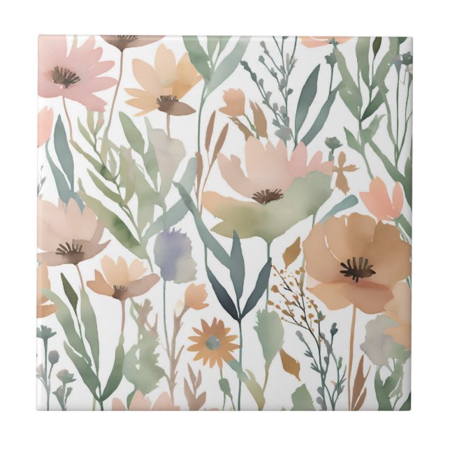 Carreau Boho Fleur sauvage Aquarelle Florale Pastel Accent (Devant)