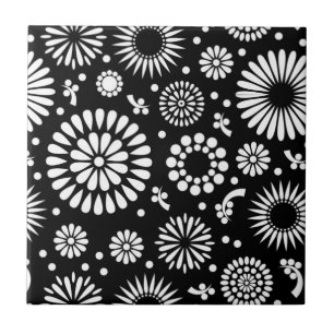 Carreau Boho fleurs Motif floral vectoriel noir et blanc