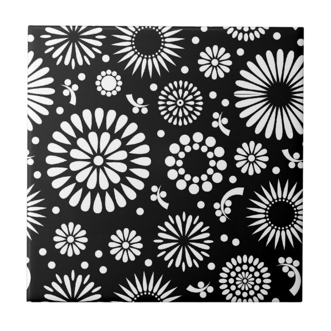 Carreau Boho fleurs Motif floral vectoriel noir et blanc (Devant)