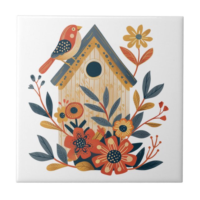 Carreau Boho Floral Bird House Scandinave Folk Art (Devant)