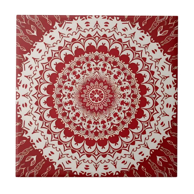 Carreau Boho Hippie Tibétain Inspiré Rouge Mandala (Devant)