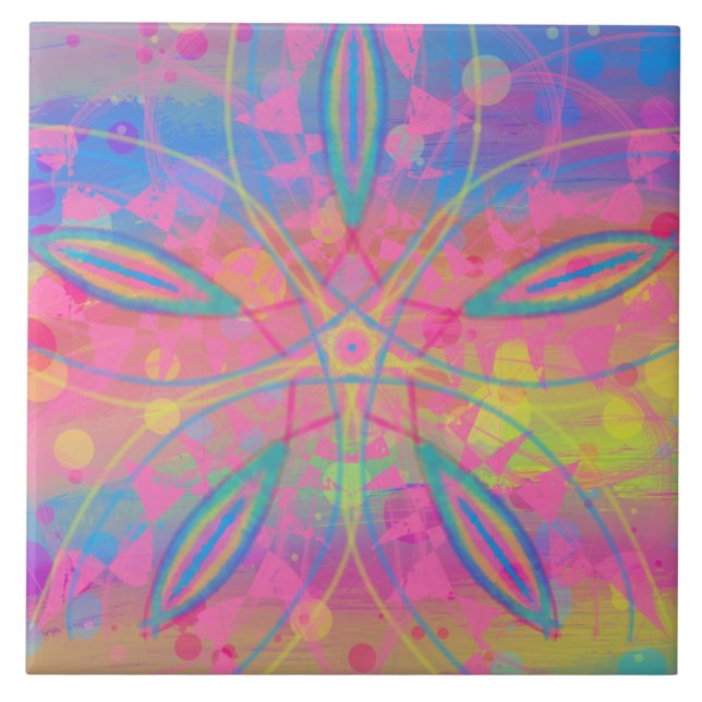 Carreau Boho Hippie Tie Dye Neon Pastel Mandala Abstrait (Devant)