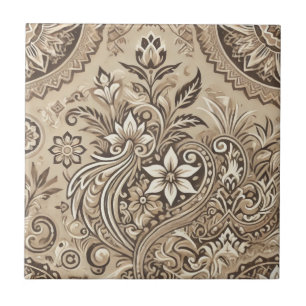 Carreau Boho ivoire Indonésie Batik Aquarelle Florale