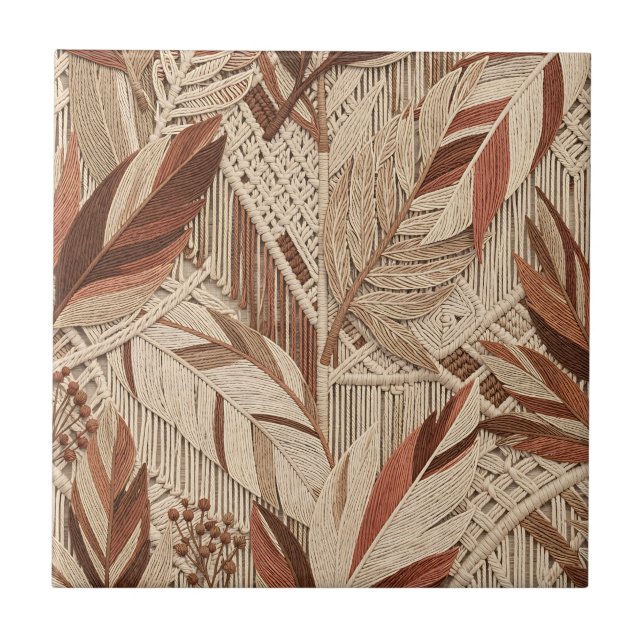Carreau Boho Macrame Feuilles Tropicales Terracotta Beige (Devant)