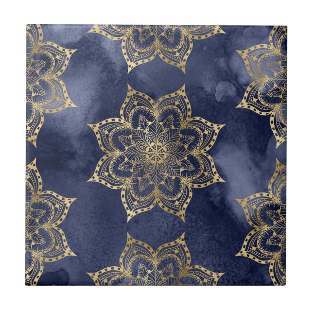 Carreau Boho Mandala Motif Gold Navy Blue Enk Texture (Devant)