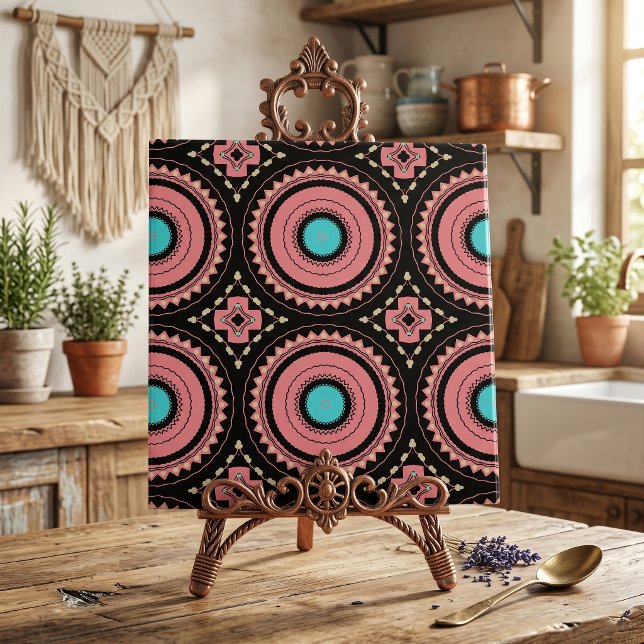 Carreau Boho Mandala Rose Turquoise Noir Géométrique Mosaï (Créateur téléchargé)