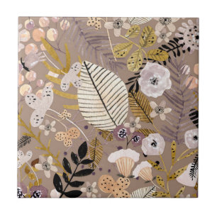 Carreau Boho Noir Blanc Or Pêche Feuille Floral Dessiné