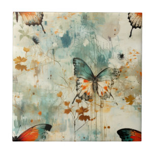 Carreau Boho Orange Teal Papillon Fleur Sauvage Peint