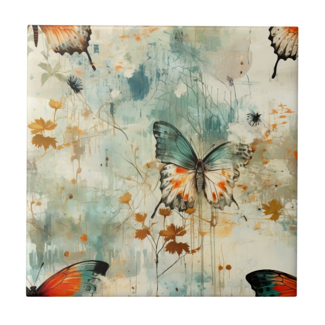 Carreau Boho Orange Teal Papillon Fleur Sauvage Peint (Devant)