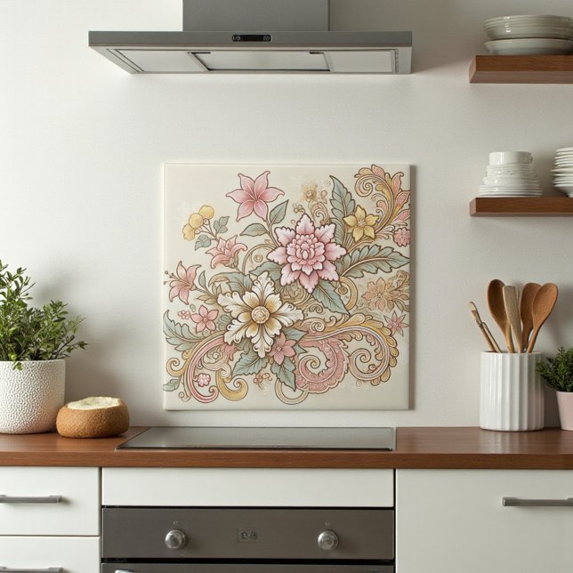 Carreau Boho rose beige Batik indonésien (Beige Pink Yellow Boho Indonesian Batik Ceramic Tile)