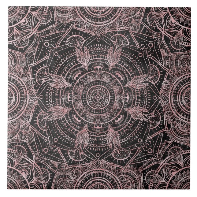 Carreau Boho Rose Gold Grey Mandala Design élégant (Devant)