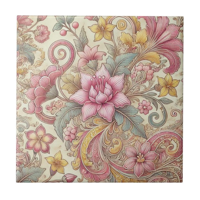 Carreau Boho rose jaune bleu Floral Batik indonésien (Devant)