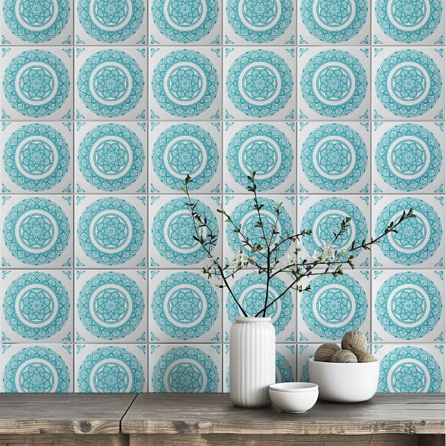 Carreau Boho Turquoise bleu turquoise fleur Mandala (Créateur téléchargé)