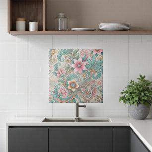 Carreau Boho Turquoise rose Batik Aquarelle indonésienne F