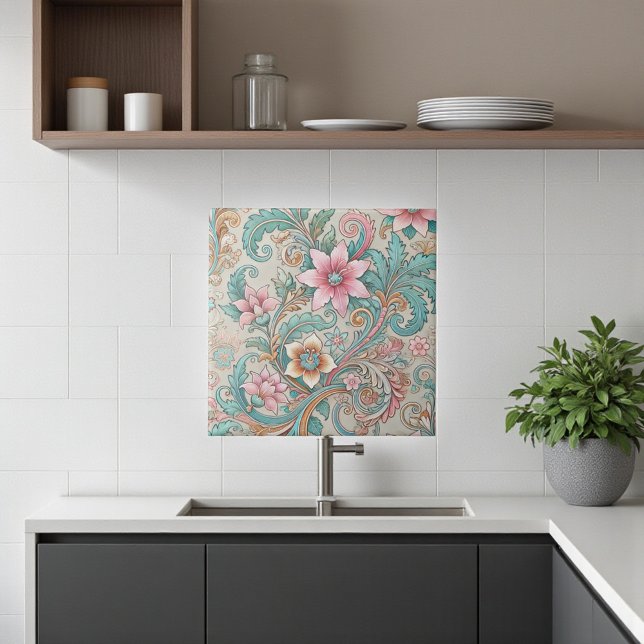 Carreau Boho Turquoise rose Batik Aquarelle indonésienne F (Pink Teal Boho Batik Indonesian Watercolor Floral Ceramic Tile)