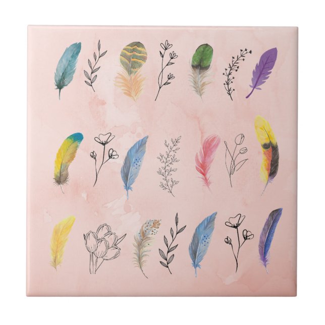 Carreau Boho Watercolor Feathers with Floral Line Drawings (Devant)