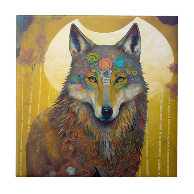 Carreau Boho Wolf Surreal Wildlife Art (Devant)