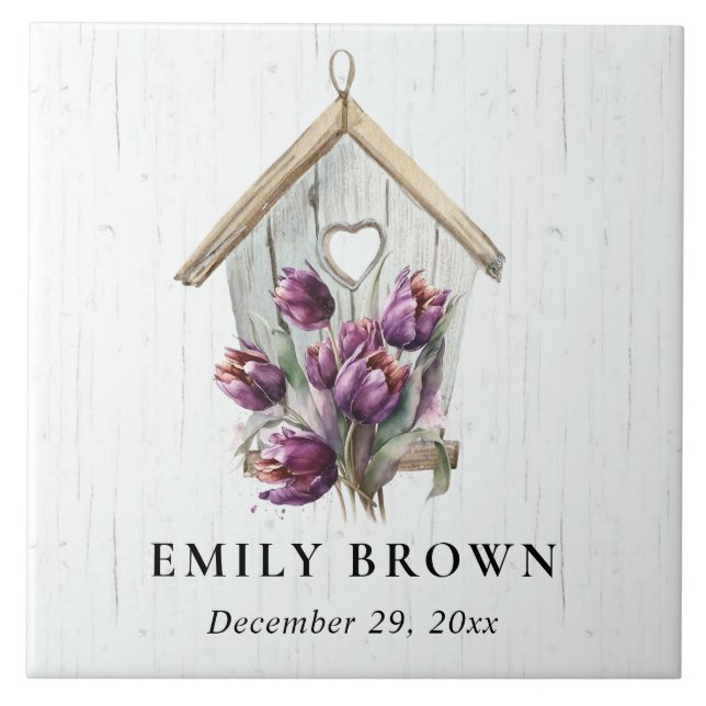 Carreau Bois blanc Rustique Violet Tulipe Floral Birdhouse (Devant)