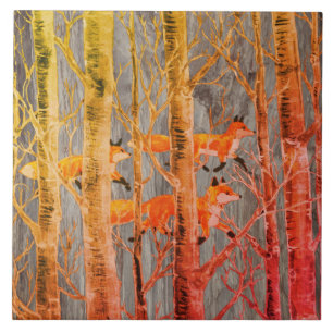 Carreau Bois de cuivre Fox sur pierre grise Automne Batik 