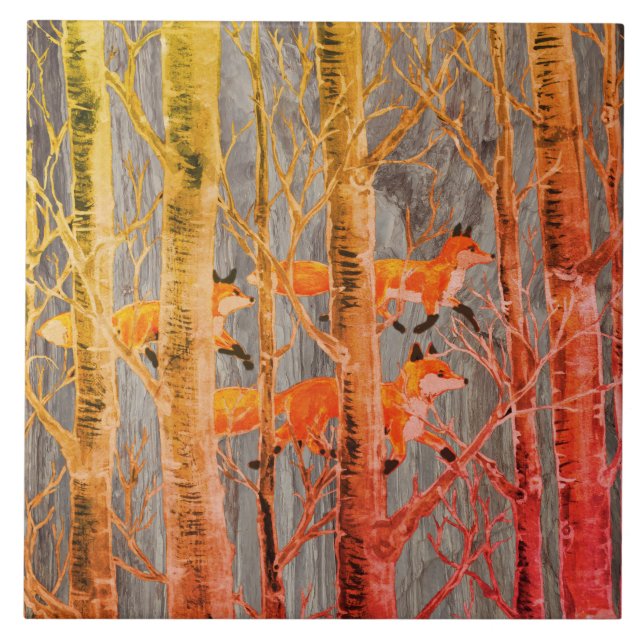 Carreau Bois de cuivre Fox sur pierre grise Automne Batik  (Devant)