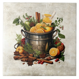 Carreau Bol à punch en pin rustique avec herbes et épices