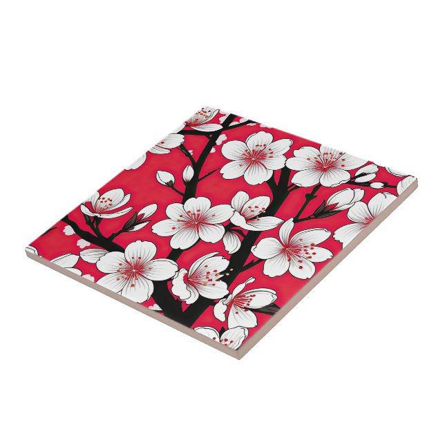 Carreau Bold Cherry Blossom Illustration on Red (Côté)