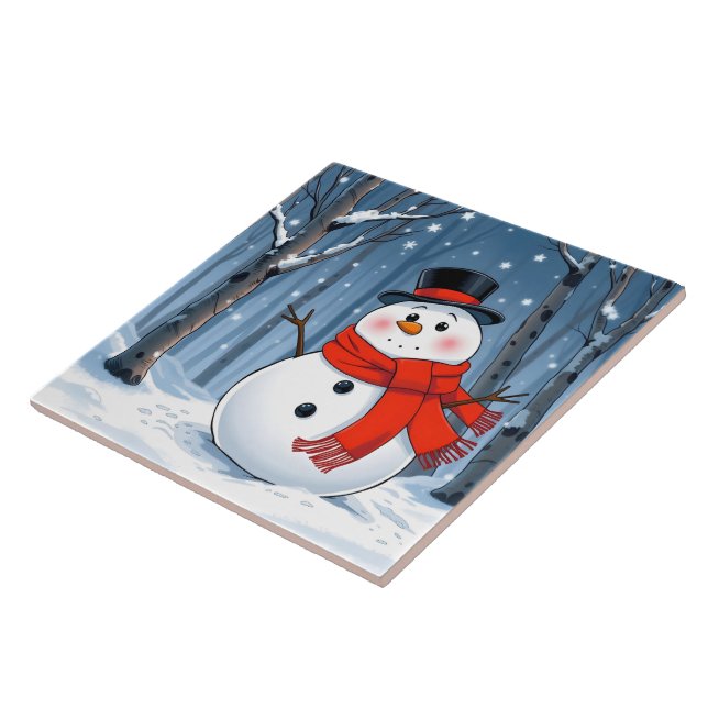 Carreau Bonhomme de neige dans une forêt froide avec une é (Côté)