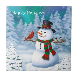 Carreau Bonhomme de neige joyeux de Noël & Oiseaux Scène h