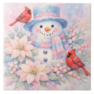 Carreau Bonhomme de neige, poinsettia et cardinal à l'aqua