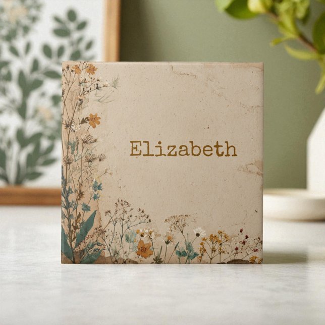 Carreau Bordure beige Fleur sauvage Boho rustique (Beige Border Rustic Boho Wildflower Ceramic Tile)