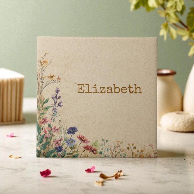 Carreau Bordure beige Fleur sauvage Boho rustique (Beige Border Rustic Boho Wildflower Ceramic Tile)