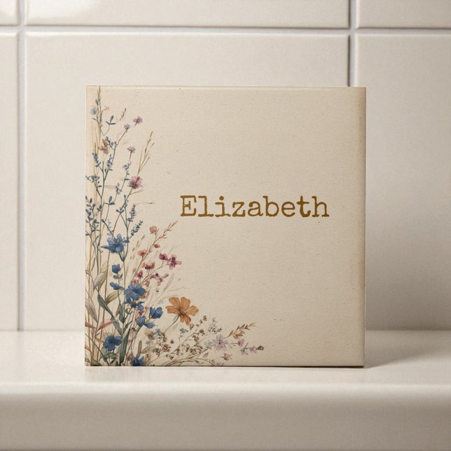 Carreau Bordure beige Fleur sauvage Boho rustique (Beige Border Rustic Boho Wildflower Ceramic Tile)