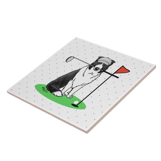 Carreau Bordure Collie Chien Jouer Golf (noir & blanc) Amu (Côté)