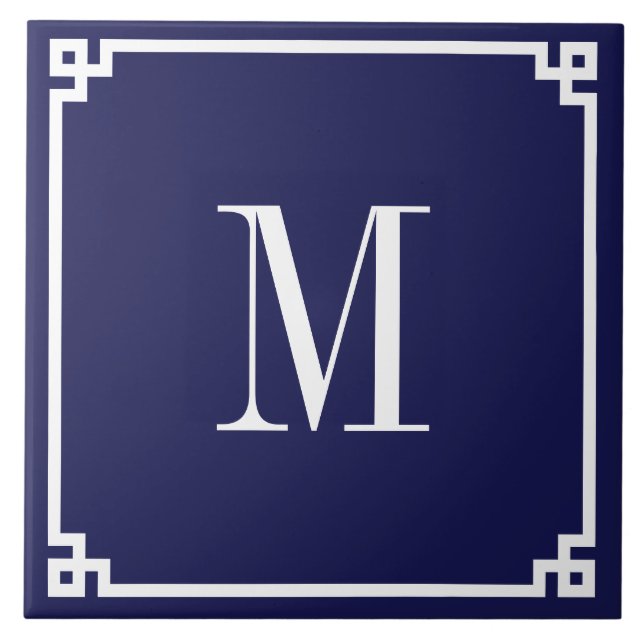 Carreau Bordure monogrammée clé grecque Navy et Blanc (Devant)
