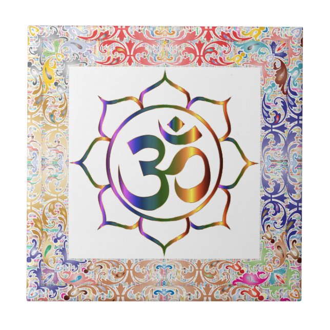Carreau Bordure Namaste Aum Om & Lotus Rainbow Personnalis (Devant)