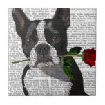 Carreau Boston Terrier avec Rose dans la bouche<br><div class="desc">Boston Terrier avec Rose à Mouth par Fabfunky. Cute Boston Terrier tenant un rose dans sa bouche. | 190339D</div>
