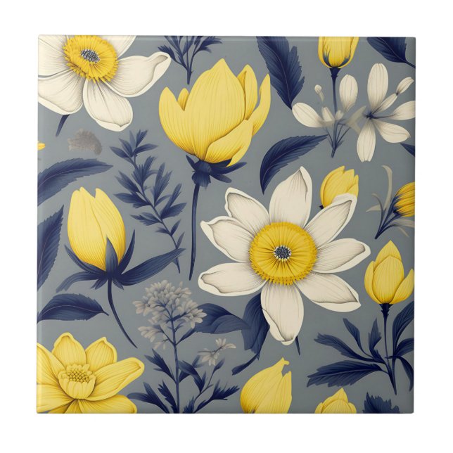 Carreau Botanique vintage avec Fleur Jaune sur Gris (Devant)