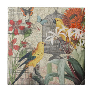 Carreau Botanique Vintage Oiseaux Nature Tropical Antique