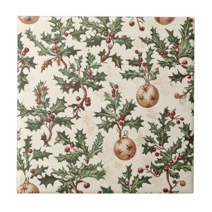 Carreau Boule de Noël en or et baie de houx crème vintage