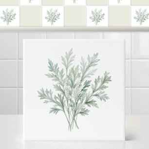 Carreau Bouquet de feuilles d'Absinthe vert argenté à l'aq