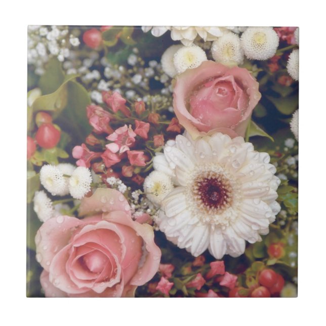 Carreau Bouquet de fleurs de roses roses romantiques (Devant)