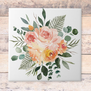 Carreau Bouquet de fleurs rose pêche aquarelle rustique d'