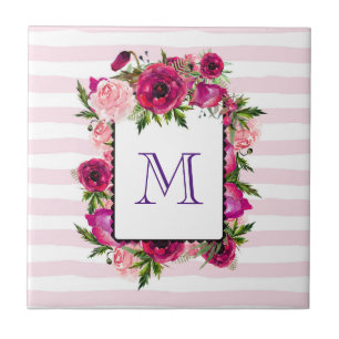 Carreau Bouquet de fleurs roses et coquelicots sur bandes