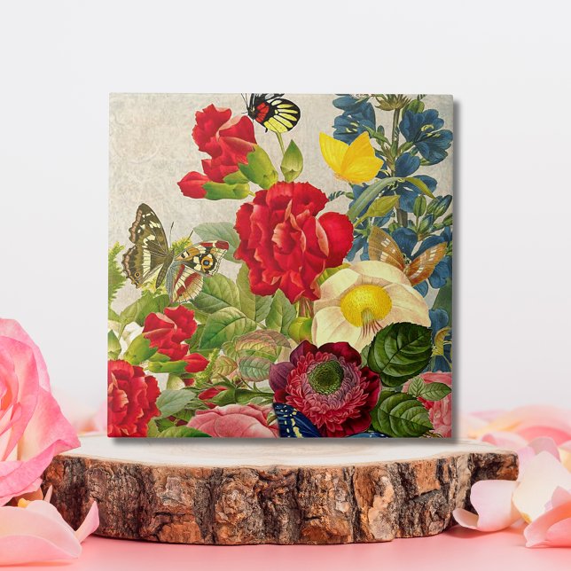 Carreau Bouquet de fleurs vintages aux papillons (Vintage Flower Bouquet with Butterflies Ceramic Tile)
