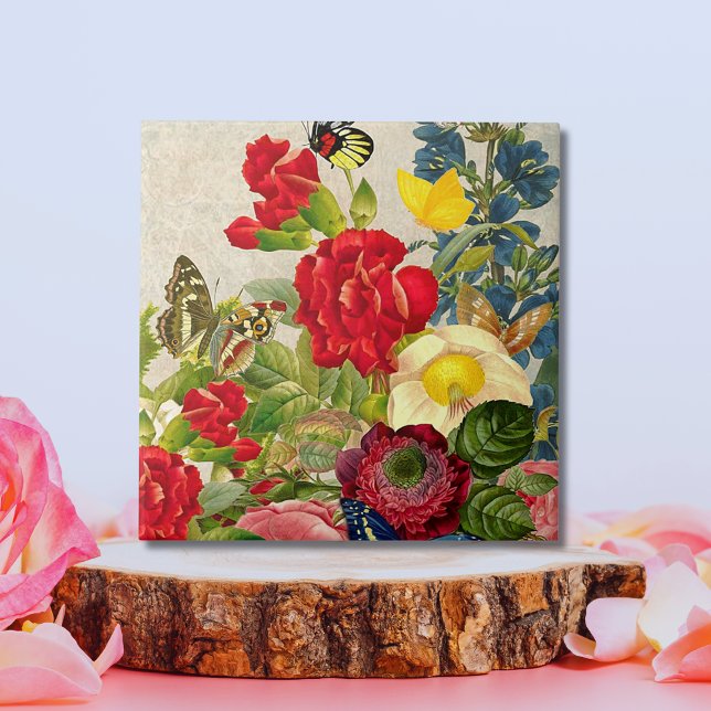 Carreau Bouquet de fleurs vintages aux papillons (Vintage Flower Bouquet with Butterflies Ceramic Large Tile)