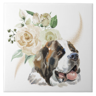 Carreau Bouquet de rose blanche Saint Bernard Chien