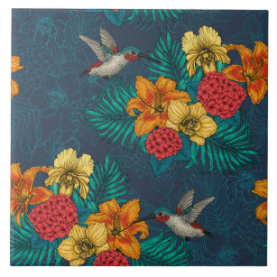 Carreau Bouquet et colibris tropicaux
