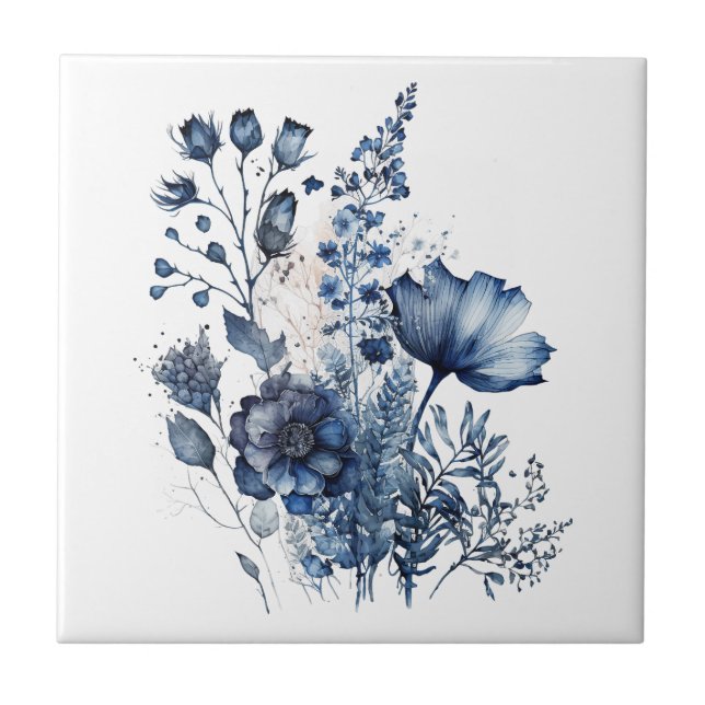 Carreau Bouquet fleur sauvage de style Delft bleu et blanc (Devant)