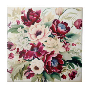 Carreau Bouquet Moderne De Fleurs Bourgognes Et Feuilles V