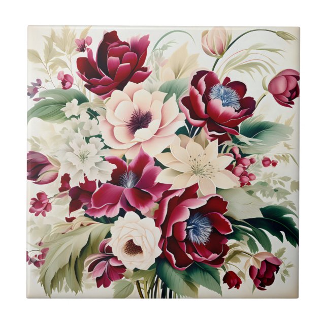 Carreau Bouquet Moderne De Fleurs Bourgognes Et Feuilles V (Devant)